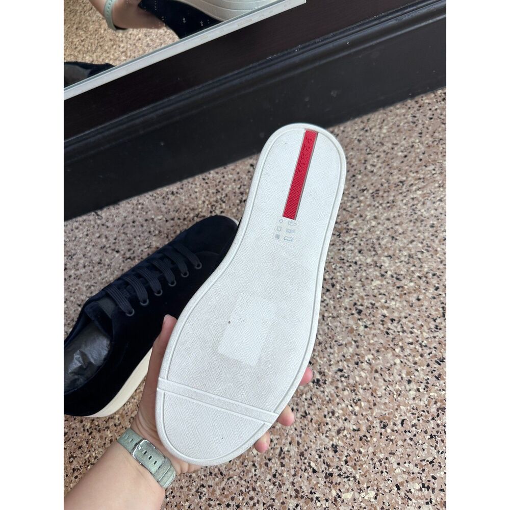 Prada Linea Rossa Navy Blue Velvet Low Top Sneakers White Sole Size 9